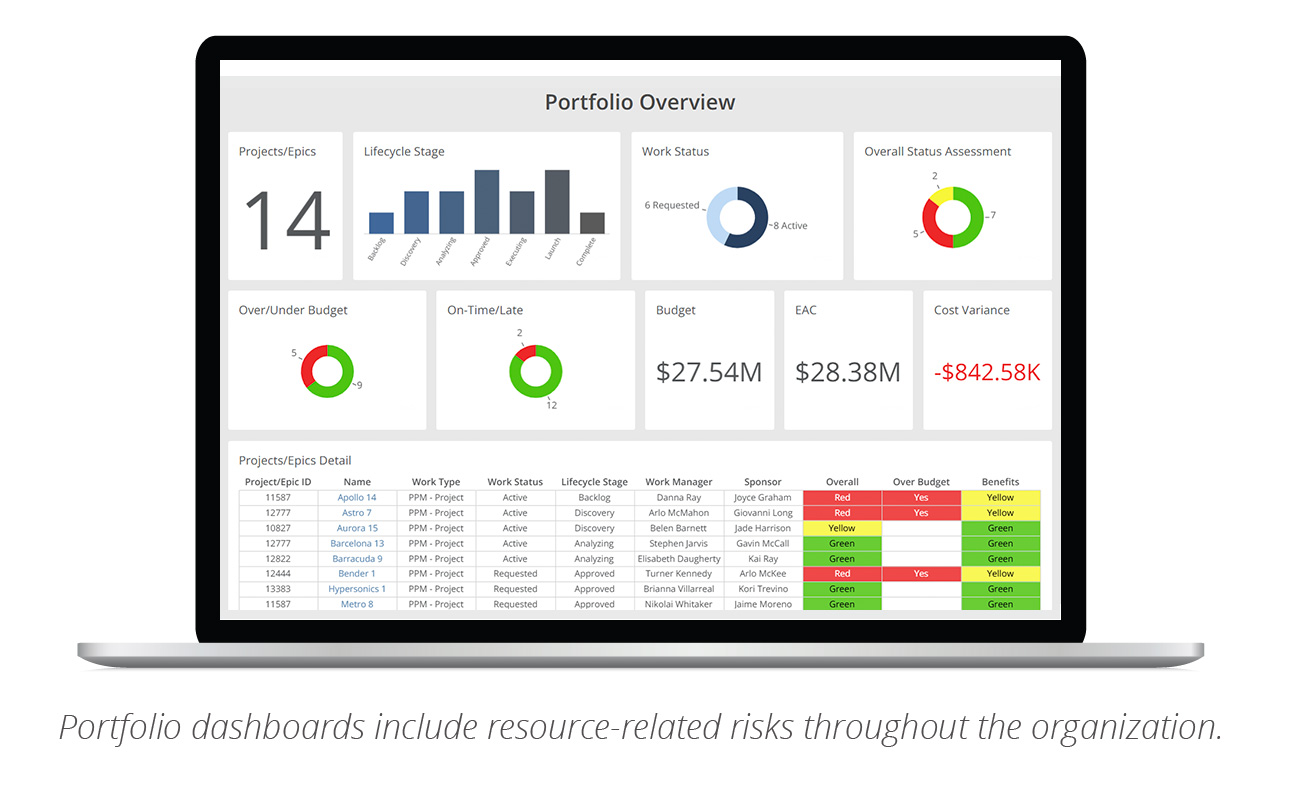 Screenshot of Portfolio Overview in Tempus - Portfolio dashboards include resource-related risks throughout the organization.